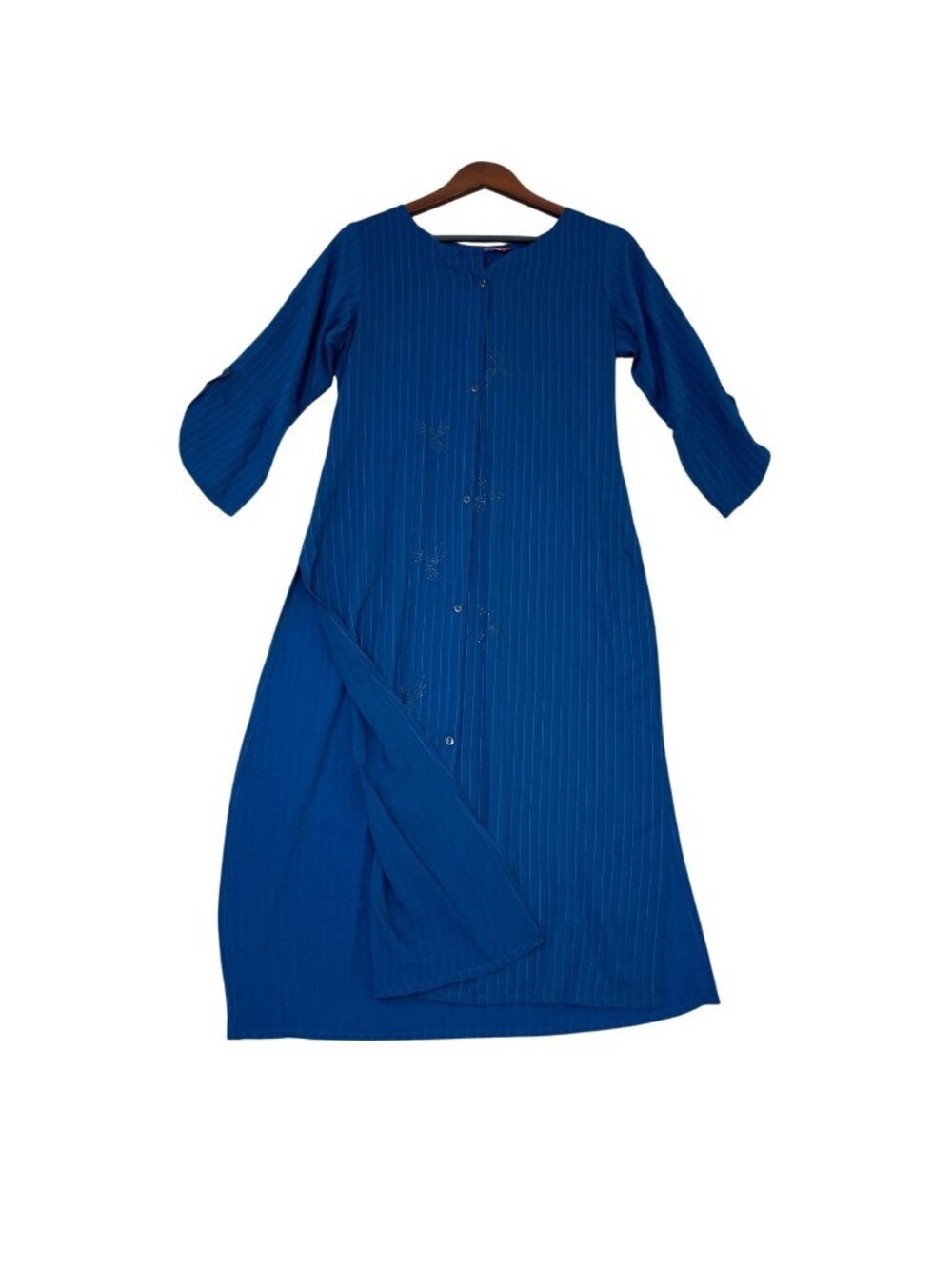 NWT Juliet Women's XL Blue Striped Long Tunic Kameez With Button-Up Front C0785